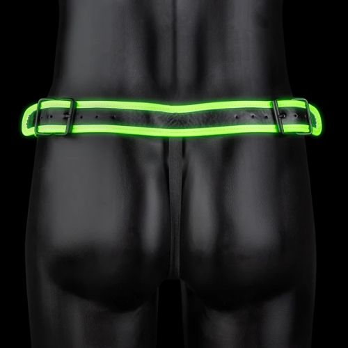 Ouch! Glow in the Dark черен мъжки джокстрап от PU кожа със светещи зелени ленти и катарама S/XL