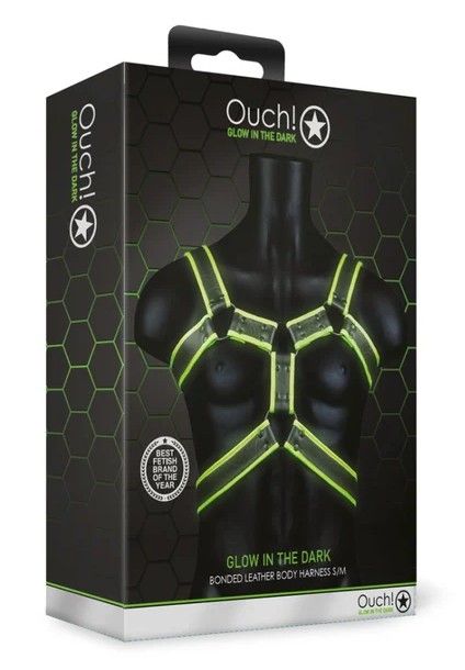 Ouch! Glow in the Dark черен мъжки BDSM харнес от PU кожа със светещи зелени детайли S/XL
