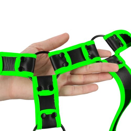 Ouch! Glow in the Dark черен мъжки BDSM харнес от PU кожа със светещи зелени детайли S/XL