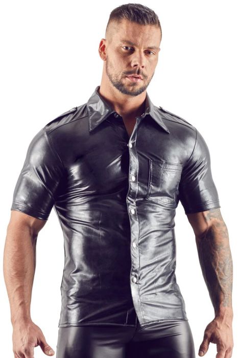 Svenjoyment Black Men's Faux Leather Shirt with Epaulettes and Press Studs S/XL