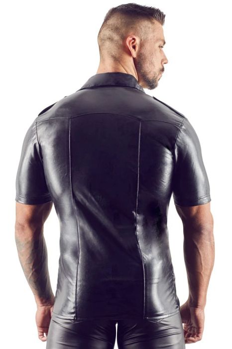 Svenjoyment черна мъжка риза с кожен ефект, пагони и тик-так копчета S/XL