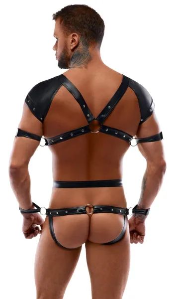 Svenjoyment BONDAGE черно мъжко боди с харнес дизайн и 4 регулируеми маншета S/XL