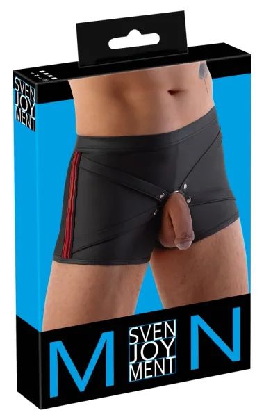 Svenjoyment Black Men's Matte Boxer Briefs with Removable Metal Ring and Red Stripes S/XL
