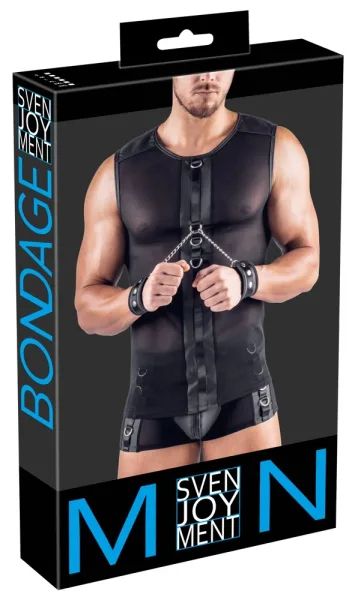 Svenjoyment BONDAGE Black Men's Mesh Top with Soft Cuffs and Metal Rings S/XL