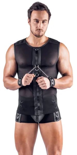 Svenjoyment BONDAGE Black Men's Mesh Top with Soft Cuffs and Metal Rings S/XL