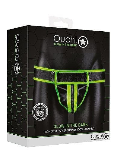 Ouch! Striped Jock Strap Glow in the Dark черен мъжки джокстрап със светещи зелени ленти S/XL