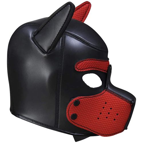 Ouch! Puppy Play черно-червена неопренова puppy hood маска със сваляем намордник