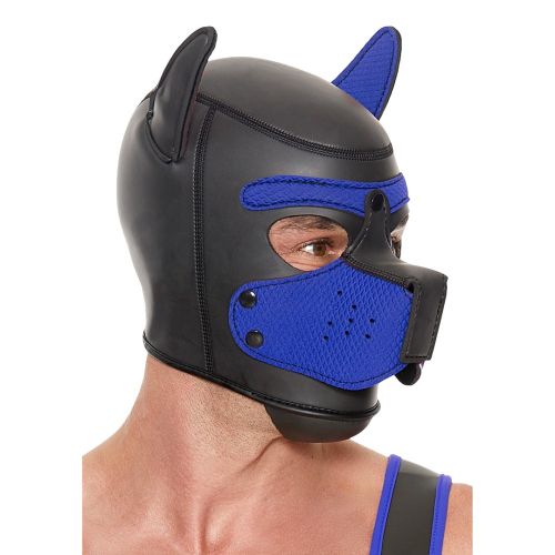 Ouch! Puppy Play черно-синя неопренова puppy hood маска със сваляем намордник