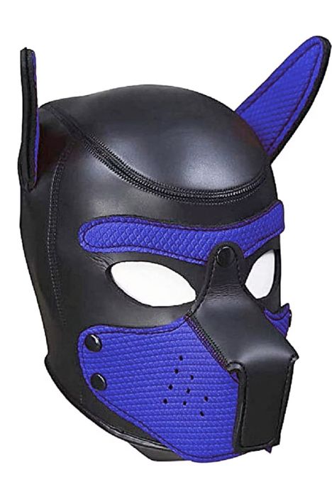 Ouch! Puppy Play черно-синя неопренова puppy hood маска със сваляем намордник