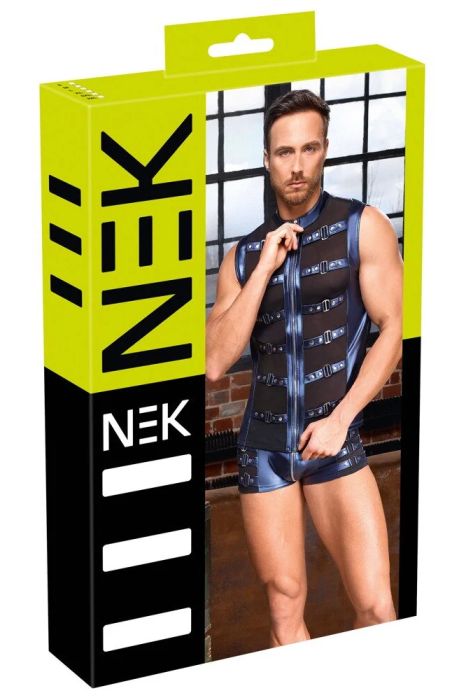 NEK Metallic Blue Men's Sleeveless Shirt with Powernet Inserts, Studded Straps and Zip S/XL