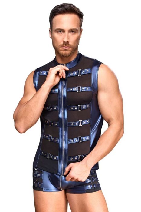 NEK Metallic Blue Men's Sleeveless Shirt with Powernet Inserts, Studded Straps and Zip S/XL