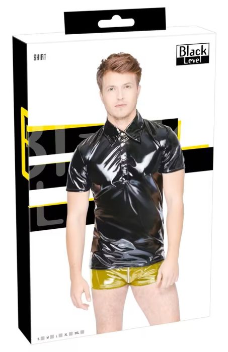 Black Level Black Men's Vinyl Polo Shirt with Glossy Finish and Press Studs S/XL