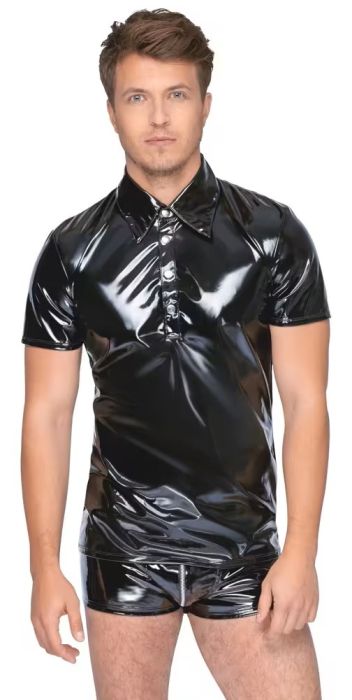 Black Level Black Men's Vinyl Polo Shirt with Glossy Finish and Press Studs S/XL