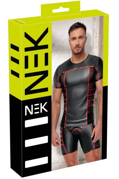 NEK Black Men's Matte-Look T-Shirt with Red Stripes and Sheer Mesh Inserts S/XL