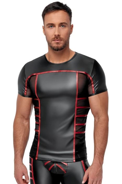 NEK Black Men's Matte-Look T-Shirt with Red Stripes and Sheer Mesh Inserts S/XL