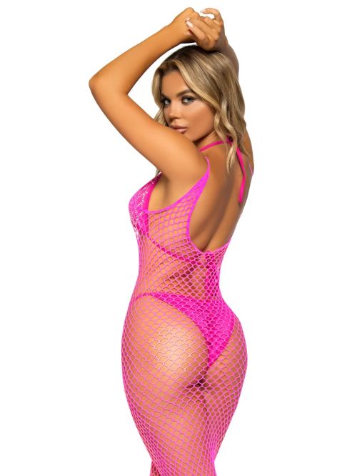 Leg Avenue Never Enough неоново розова мрежеста макси рокля с отворен гръб