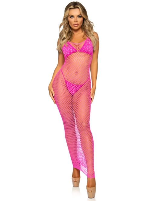 Leg Avenue Never Enough неоново розова мрежеста макси рокля с отворен гръб