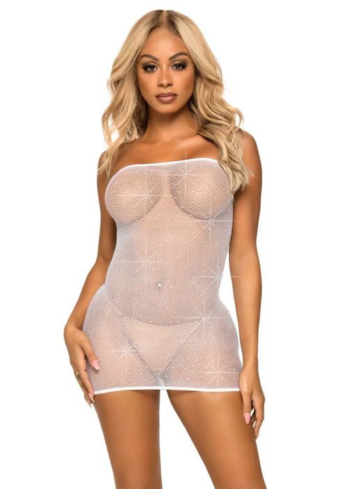 Leg Avenue Rhinestone Fishnet бяла мрежеста мини рокля с кристали