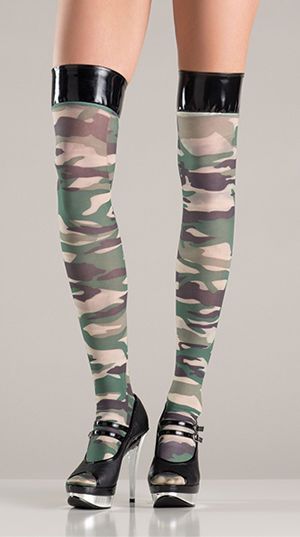 Be Wicked BW750 Camouflage Thigh High Stockings with Black Vinyl Tops