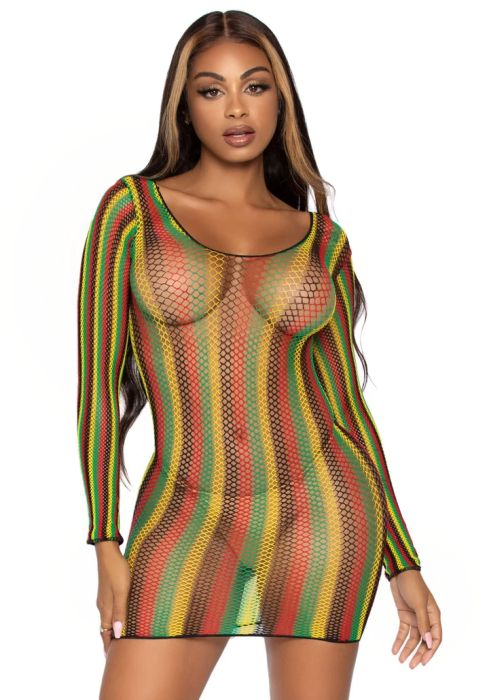 Leg Avenue Rasta многоцветна мрежеста мини рокля с дълги ръкави