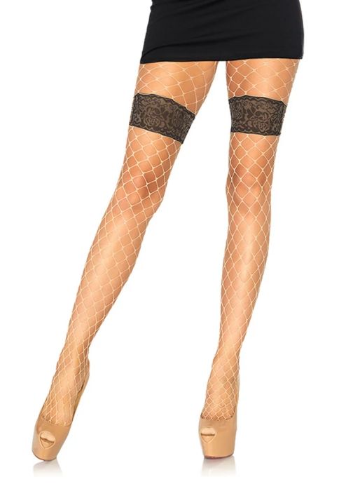 Leg Avenue телесни мрежести чорапогащи с черни дантелени акценти