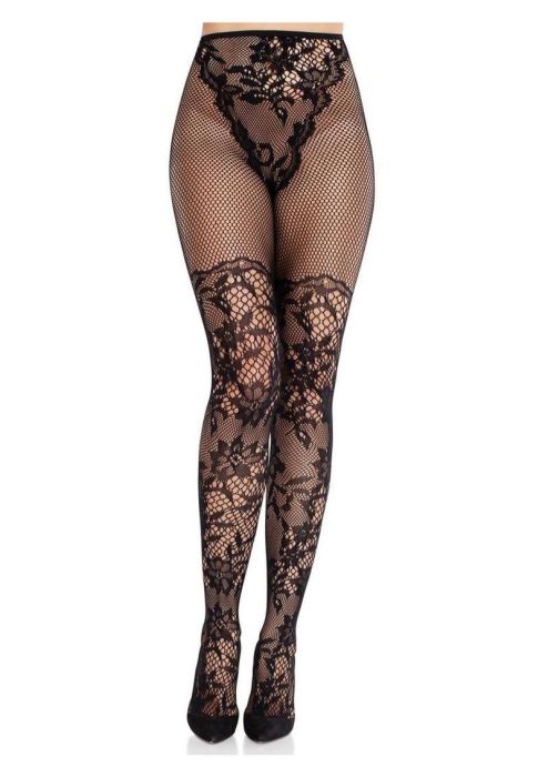 Leg Avenue Dahlia черни мрежести чорапогащи с флорална дантела