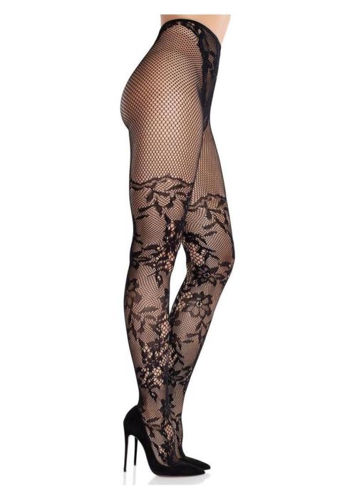 Leg Avenue Dahlia черни мрежести чорапогащи с флорална дантела