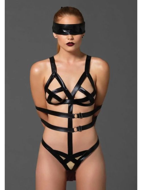 Leg Avenue KINK черно wet look боди с маска и BDSM ограничители