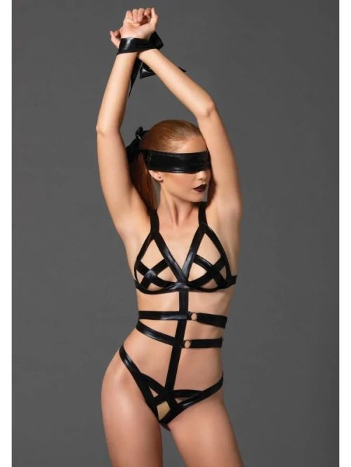 Leg Avenue KINK черно wet look боди с маска и BDSM ограничители