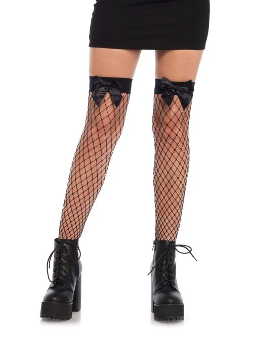 Leg Avenue Sydney черни мрежести чорапи до бедрото със сатенени панделки
