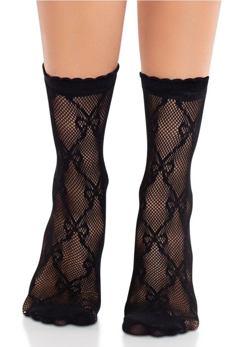 Leg Avenue Bow Babe черни мрежести чорапи до глезена с панделки