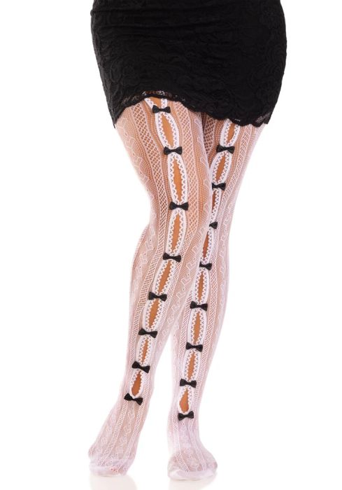 Leg Avenue Sweetheart бял мрежест чорапогащник с черни панделки