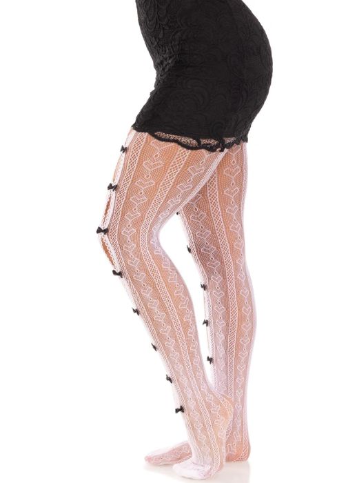 Leg Avenue Sweetheart бял мрежест чорапогащник с черни панделки