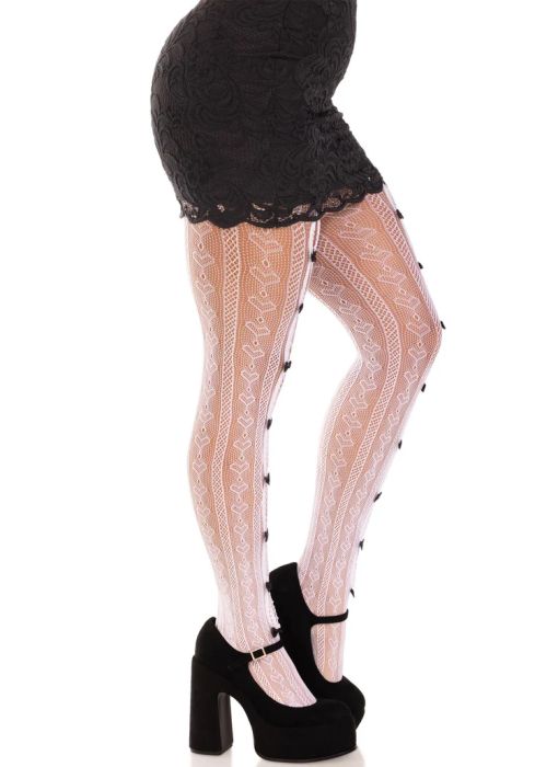 Leg Avenue Sweetheart бял мрежест чорапогащник с черни панделки