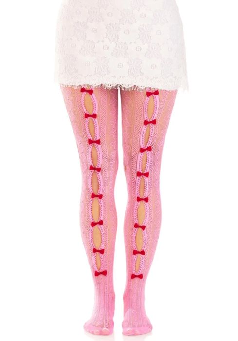 Leg Avenue Sweetheart розов мрежест чорапогащник с червени панделки