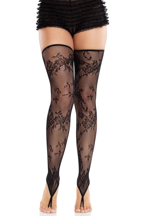 Leg Avenue Zenya черни флорални мрежести чорапи до бедрото с халка за пръста