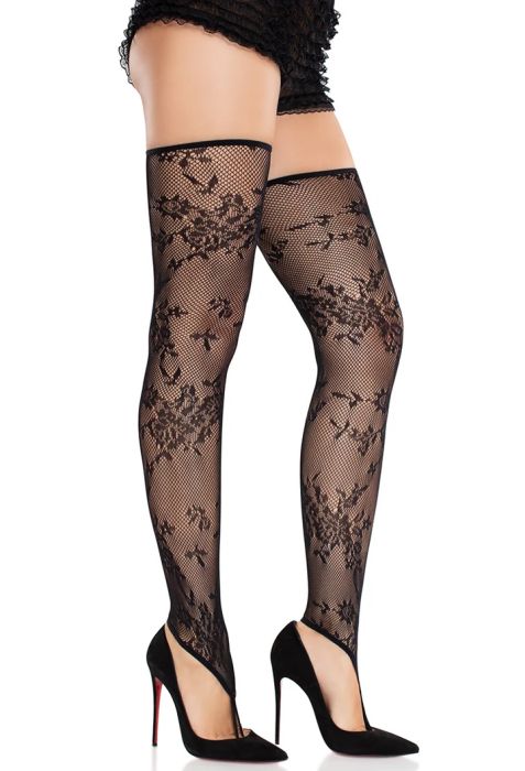 Leg Avenue Zenya черни флорални мрежести чорапи до бедрото с халка за пръста