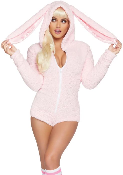 Leg Avenue Cuddle Bunny розов пухкав ромпър със заешки уши S/M