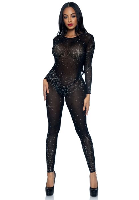 Leg Avenue черен прозрачен гащеризон с блестящи камъни S/M