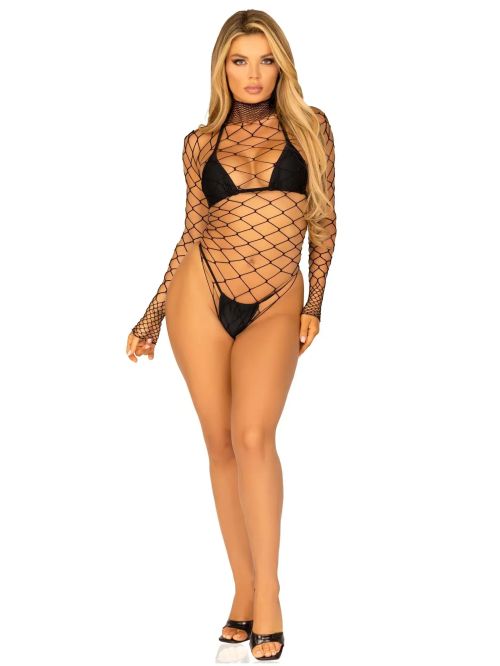 Leg Avenue Pretty Please черно мрежесто боди с дълги ръкави