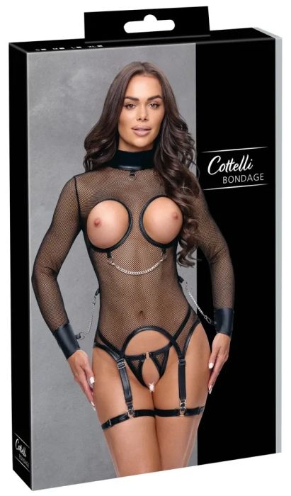 Cottelli BONDAGE мрежест ouvert комплект с жартиери, прашка и вериги – черен