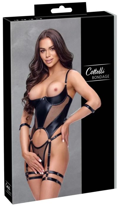 Cottelli BONDAGE Ouvert боди с отворени гърди, жартиери и меки белезници – черно S/M
