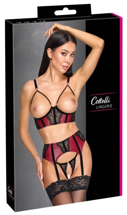 Cottelli LINGERIE 3 части Ouvert комплект с дантела, кадифе и перлени нишки – бордо/черно S/M