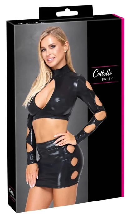 Cottelli PARTY Wetlook комплект от crop top и мини пола с cut-out детайли – черен S/M
