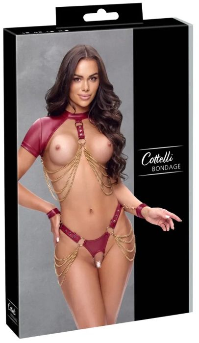 Cottelli BONDAGE Ouvert комплект с вериги и меки белезници – червен S/M