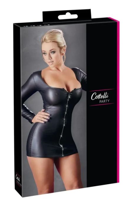 Cottelli PARTY Wetlook Mini Dress with Glitter Front Zip – Black S/M