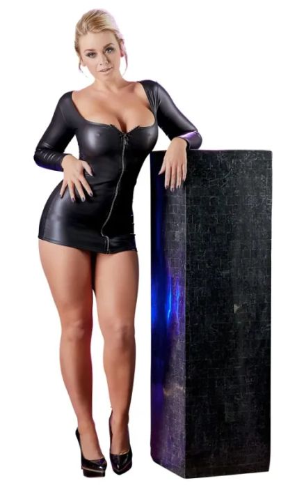 Cottelli PARTY Wetlook Mini Dress with Glitter Front Zip – Black S/M