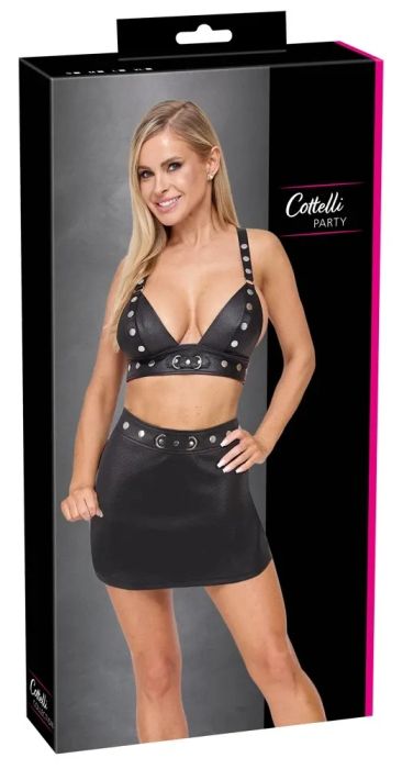 Cottelli PARTY Faux Leather Top & Mini Skirt Set with Studs and Rings – Black S/M