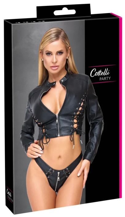 Cottelli PARTY Faux Leather Cropped Jacket & Rio Thong Set – Black S/M