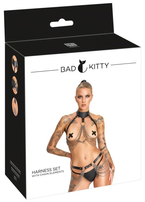 Bad Kitty Chain Harness Set with Bust & Hip Harness and Thong – Black